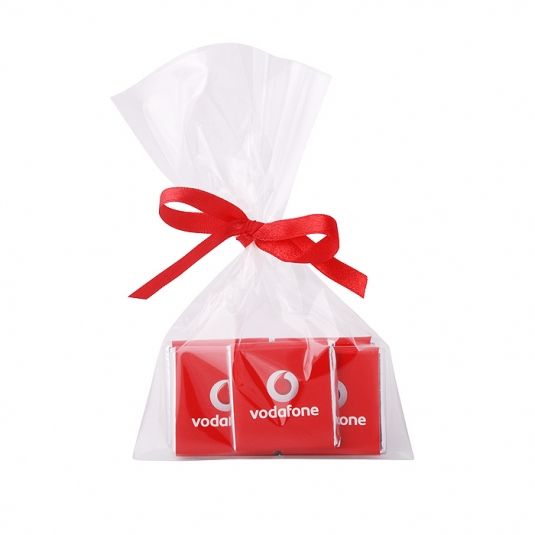 5 square chocolates in transparent bag with ribbon