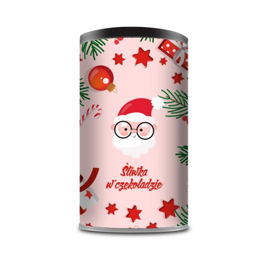 Christmas plum in chocolate in a can